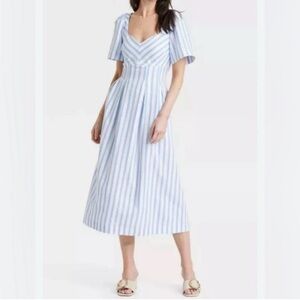 NWT Striped Blue and White Midi Dress with Sweetheart Neckline - a new day